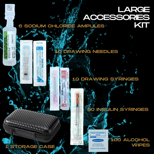 Large Melanotan 2 accessories kit contains 6 sodium chloride ampules, 10 drawing needles, 10 drawing syringes, 50 Insulin syringes, 100 alcohol swabs, 1 water-resistant zip-up travel storage case. Perfect for storing your melanotan 2 peptides, melanotan 2 vials, melanotan 2 nasal spray, melanotan 2 sublingual drops.