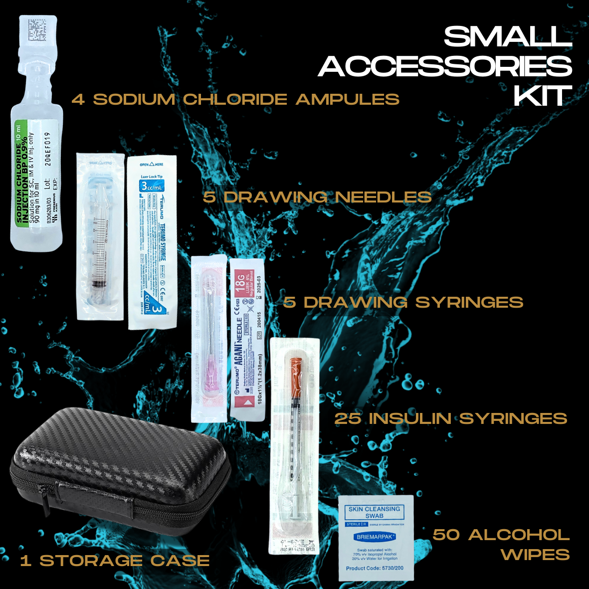 Small accessories kit contains 4 Sodium chloride ampules, 5 Drawing needles, 5 Drawing syringes, 25 Insulin Syringes, 50 Alcohol swabs, 1 water-resistant zip-up travel storage case. Shop Australia's largest range of Melanotan 2 peptides - Melanotan 2 nasal spray, Melanotan 2 sublingual drops, Melanotan 2 injections.